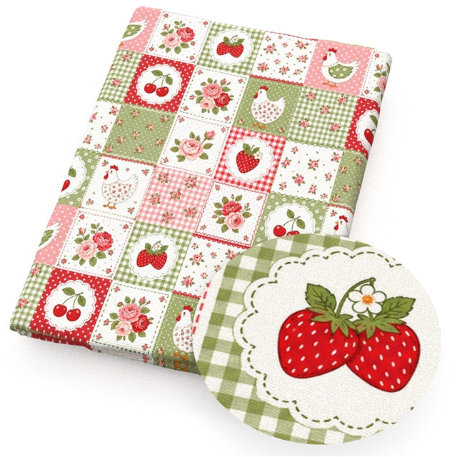 Strawberry Chicken Flowers Printed Faux Leather Sheet FeeFiFauxLeather