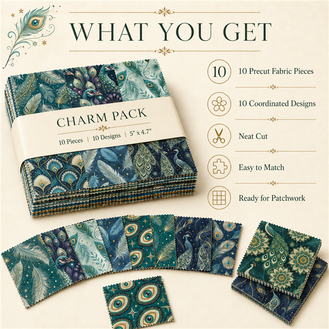 Peacock Floral Fabric Charm Pack – 10 Assorted  5” × 4.7” Fabric Squares (Copy) FeeFiFauxLeather