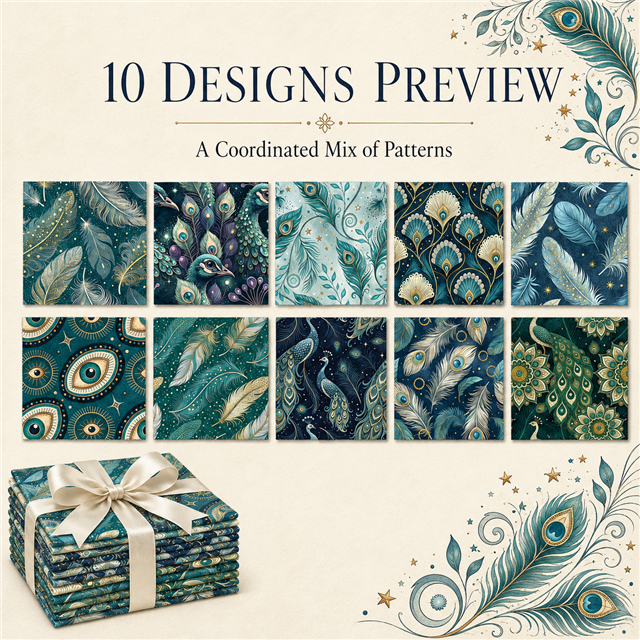 Peacock Floral Fabric Charm Pack – 10 Assorted  5” × 4.7” Fabric Squares FeeFiFauxLeather