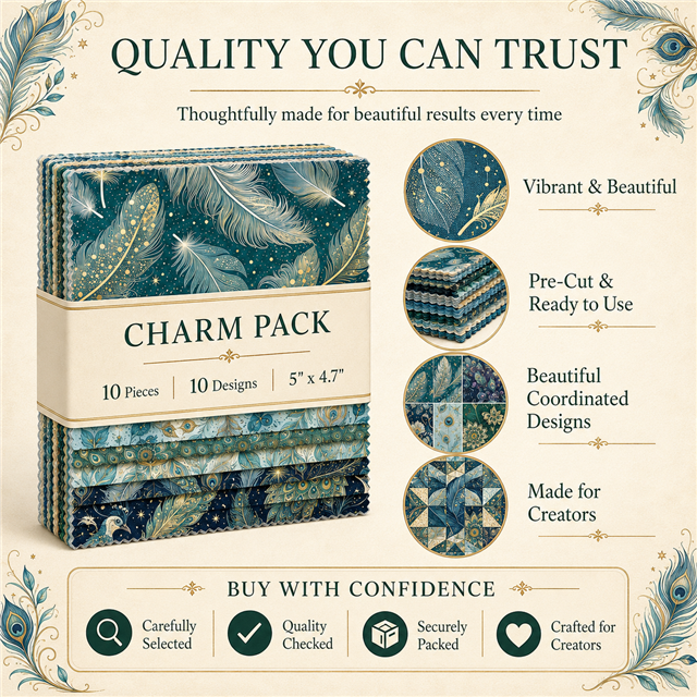 Peacock Floral Fabric Charm Pack – 10 Assorted  5” × 4.7” Fabric Squares FeeFiFauxLeather