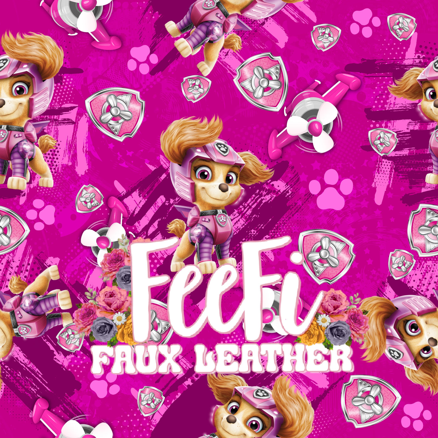 Skye Paw Patrol Litchi Printed Faux Leather Sheet Litchi has a pebble like feel with bright colors
