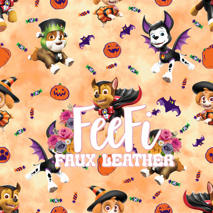 Paw Patrol Halloween Litchi Printed Faux Leather Sheet Litchi has a pebble like feel with bright colors