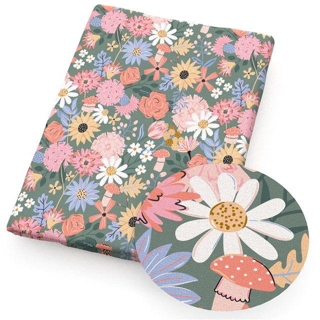 Enchanted Woodland Floral & Mushroom  Printed Faux Leather Sheet FeeFiFauxLeather