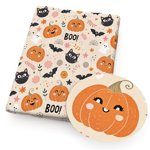 Cute Halloween Pumpkins, Black Cats & Ghosts Faux Leather 🎃🐈‍⬛👻 Printed Faux Leather Sheet FeeFiFauxLeather