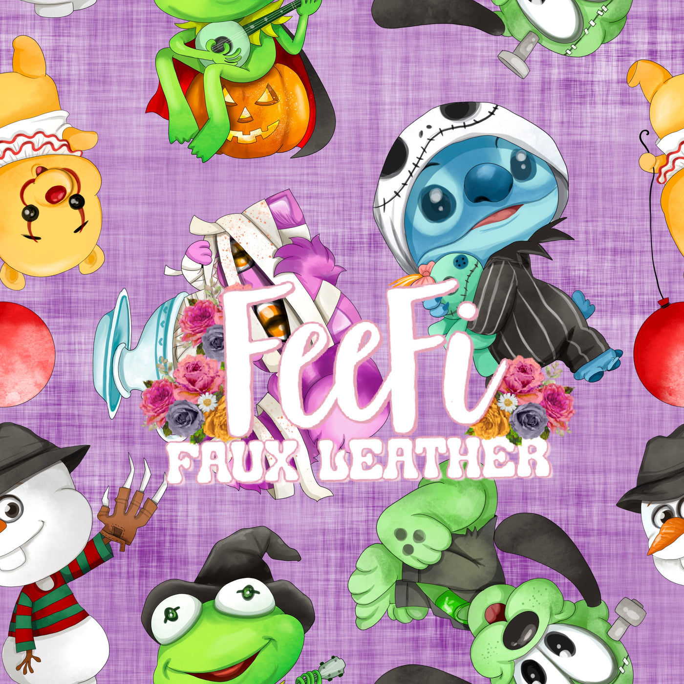 Halloween Characters Litchi Printed Faux Leather Sheet Litchi has a pebble like feel with bright colors