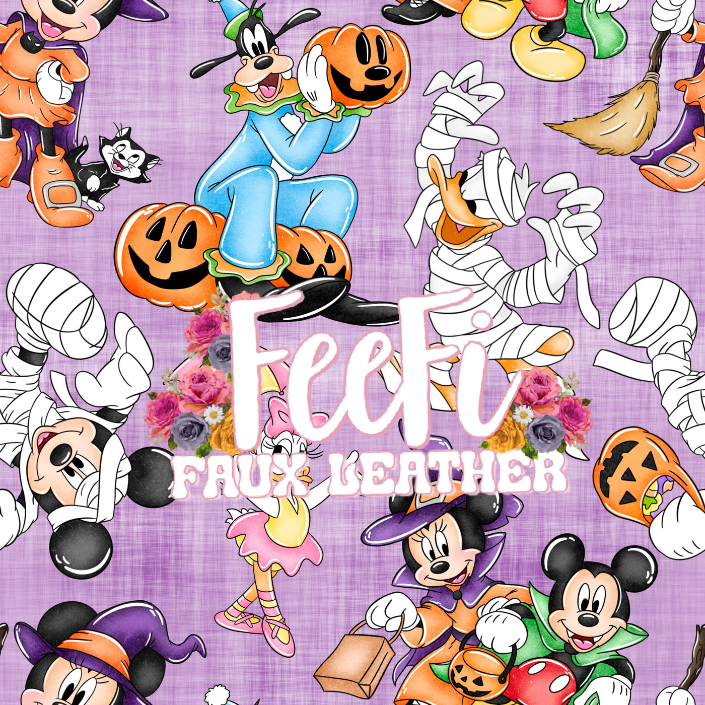 Minnie Mickey Mummy Halloween Litchi Printed Faux Leather Sheet Litchi has a pebble like feel with bright colors