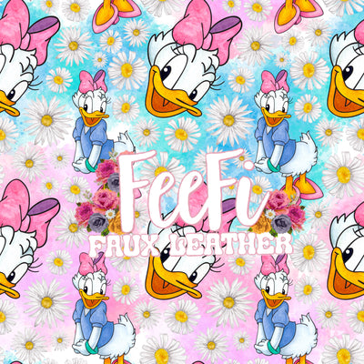 Daisy Duck with Daisies Litchi Printed Faux Leather Sheet Litchi has a pebble like feel with bright colors