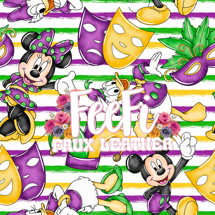 Mardi Gras Mouse Litchi Printed Faux Leather Sheet Litchi has a pebble like feel with bright colors