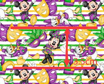 Mardi Gras Minnie Mickey Litchi Printed Faux Leather Sheet Litchi has a pebble like feel with bright colors