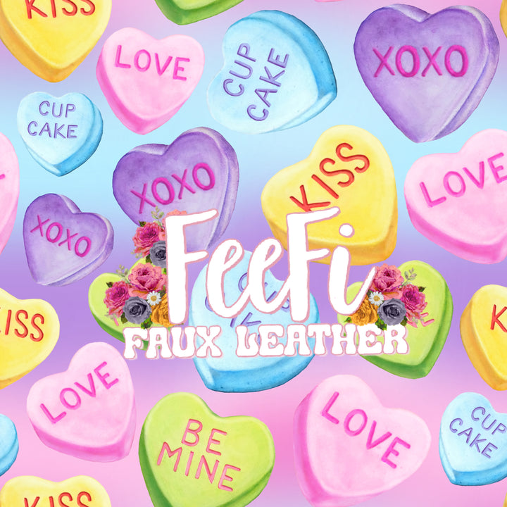 Valentine Candy Hearts Litchi Printed Faux Leather Sheet Litchi has a pebble like feel with bright colors