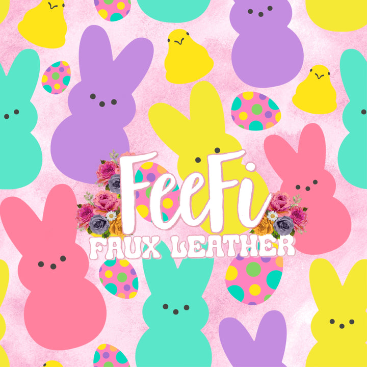 Easter Peeps Litchi Printed Faux Leather Sheet Litchi has a pebble like feel with bright colors