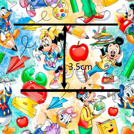 Mickey Back To School Litchi Printed Faux Leather Sheet Litchi has a pebble like feel with bright colors