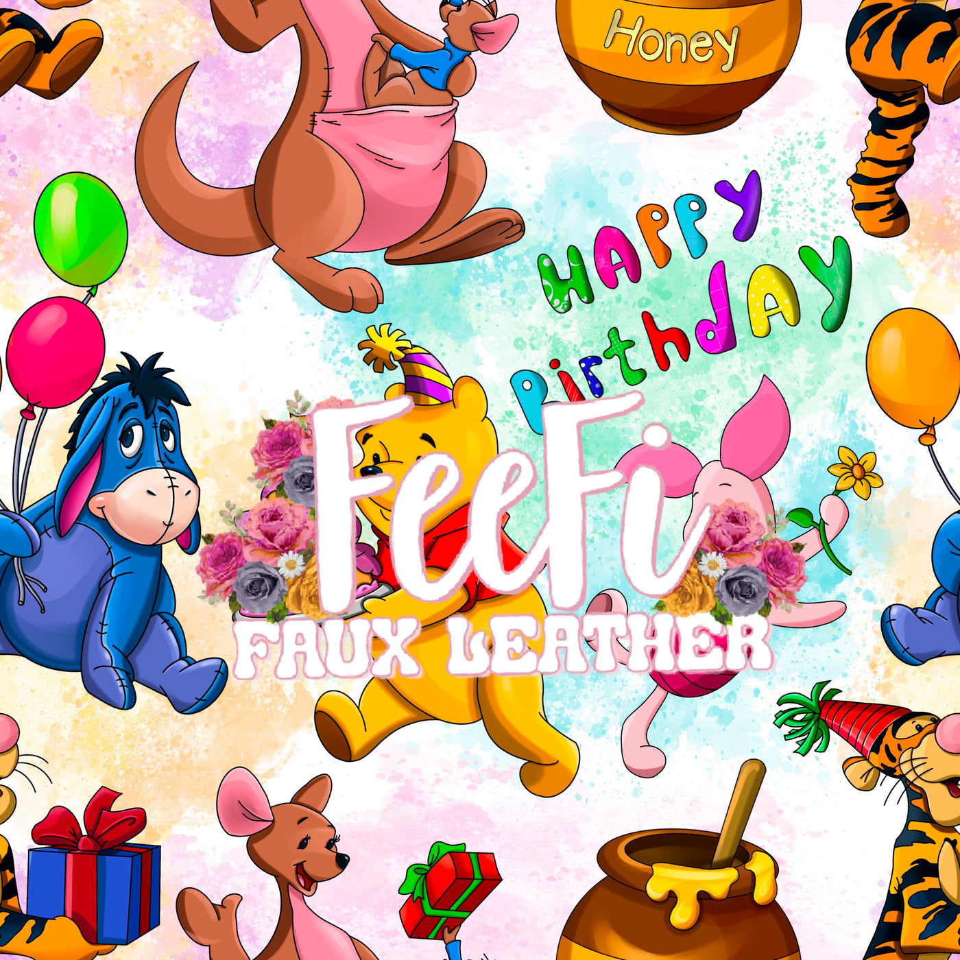 Winnie The Pooh Birthday Litchi Printed Faux Leather Sheet Litchi has a pebble like feel with bright colors