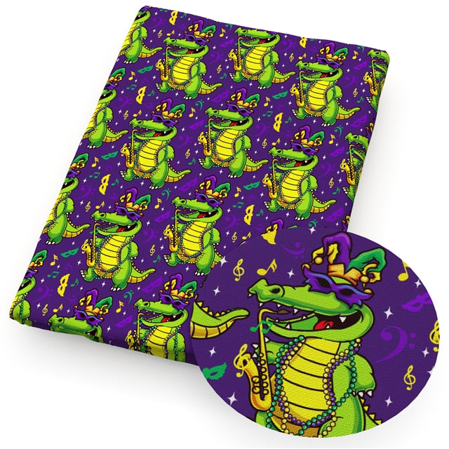 💜🐊 Mardi Gras Jazz Gators 🎷💚 Bullet Printed Fabric FeeFiFauxLeather