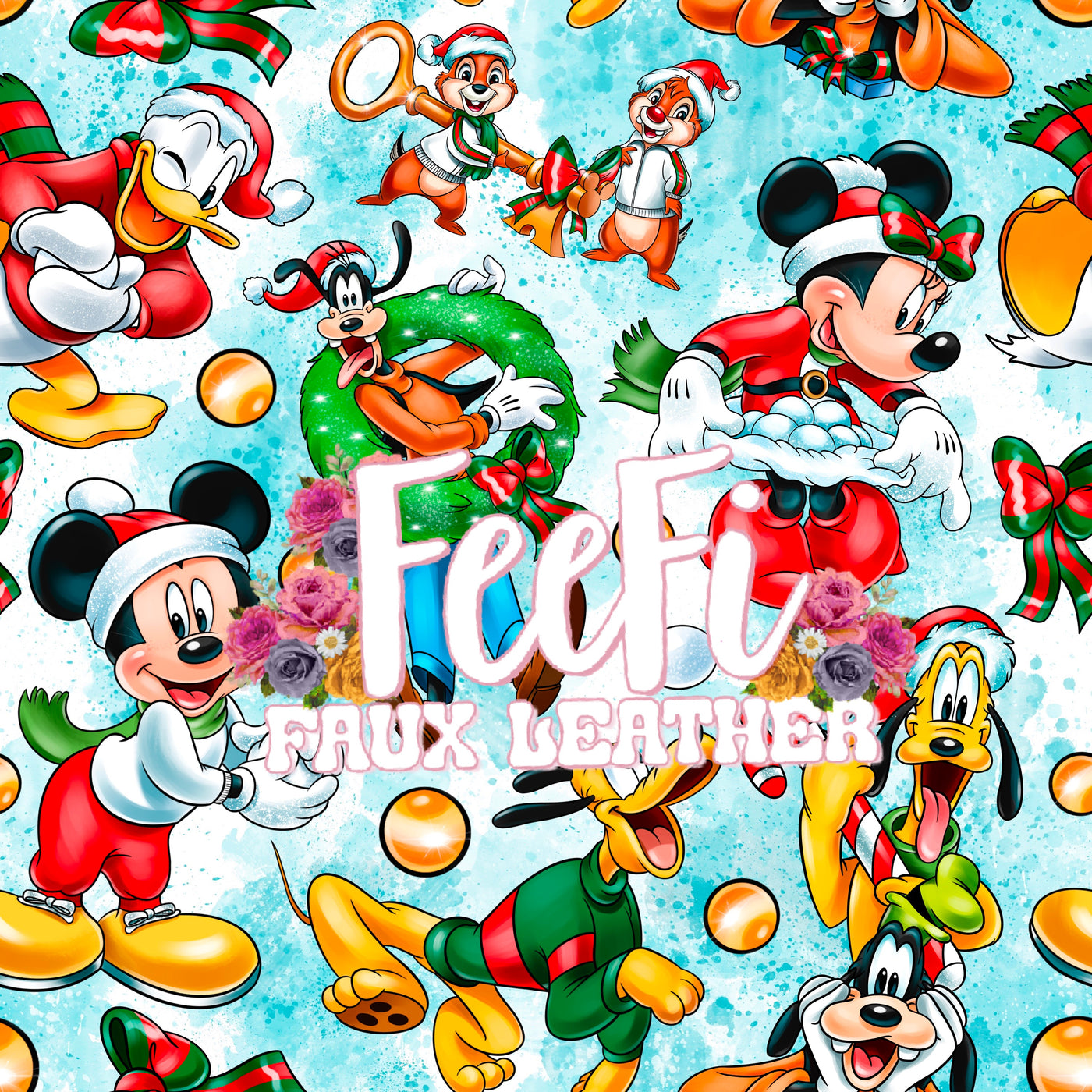 Mickey and Friends Christmas Litchi Printed Faux Leather Sheet Litchi has a pebble like feel with bright colors