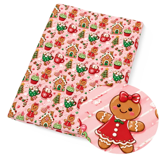 🎀🍪 Pink Gingerbread Christmas 🍪🎀 Bullet Printed Fabric FeeFiFauxLeather