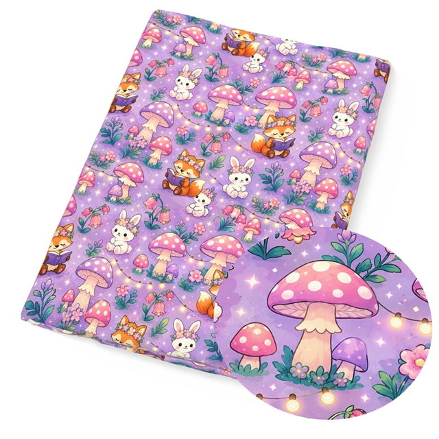 🍄 Enchanted Woodland – Fox, Bunny & Mushroom Print 🦊 Printed Faux Leather Sheet FeeFiFauxLeather