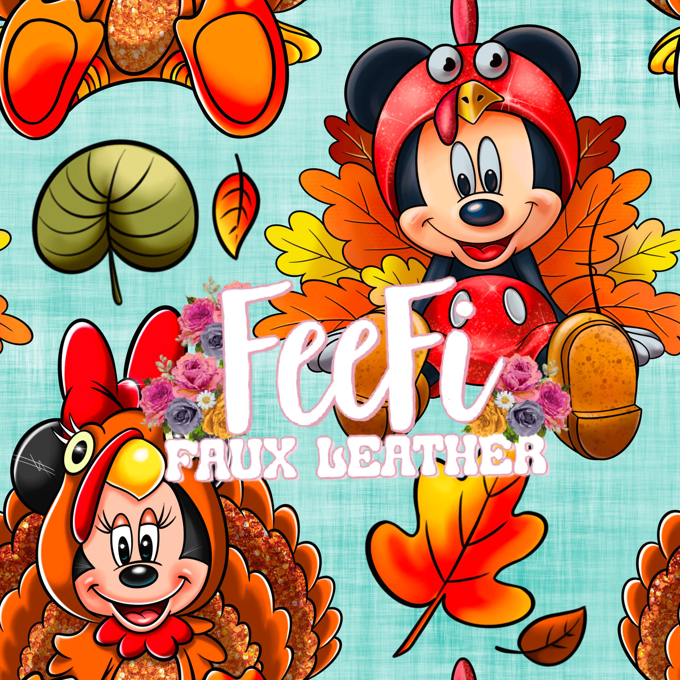 Mickey Turkey Thanksgiving Litchi Printed Faux Leather Sheet Litchi has a pebble like feel with bright colors