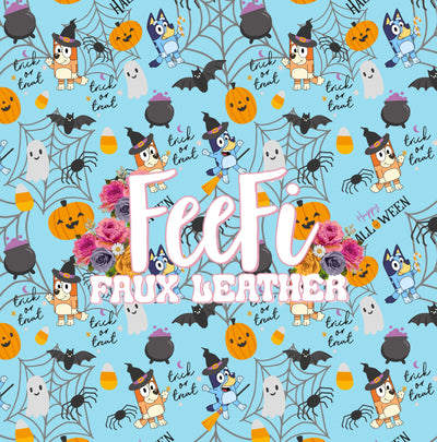 Bluey Halloween Litchi Printed Faux Leather Sheet Litchi has a pebble like feel with bright colors