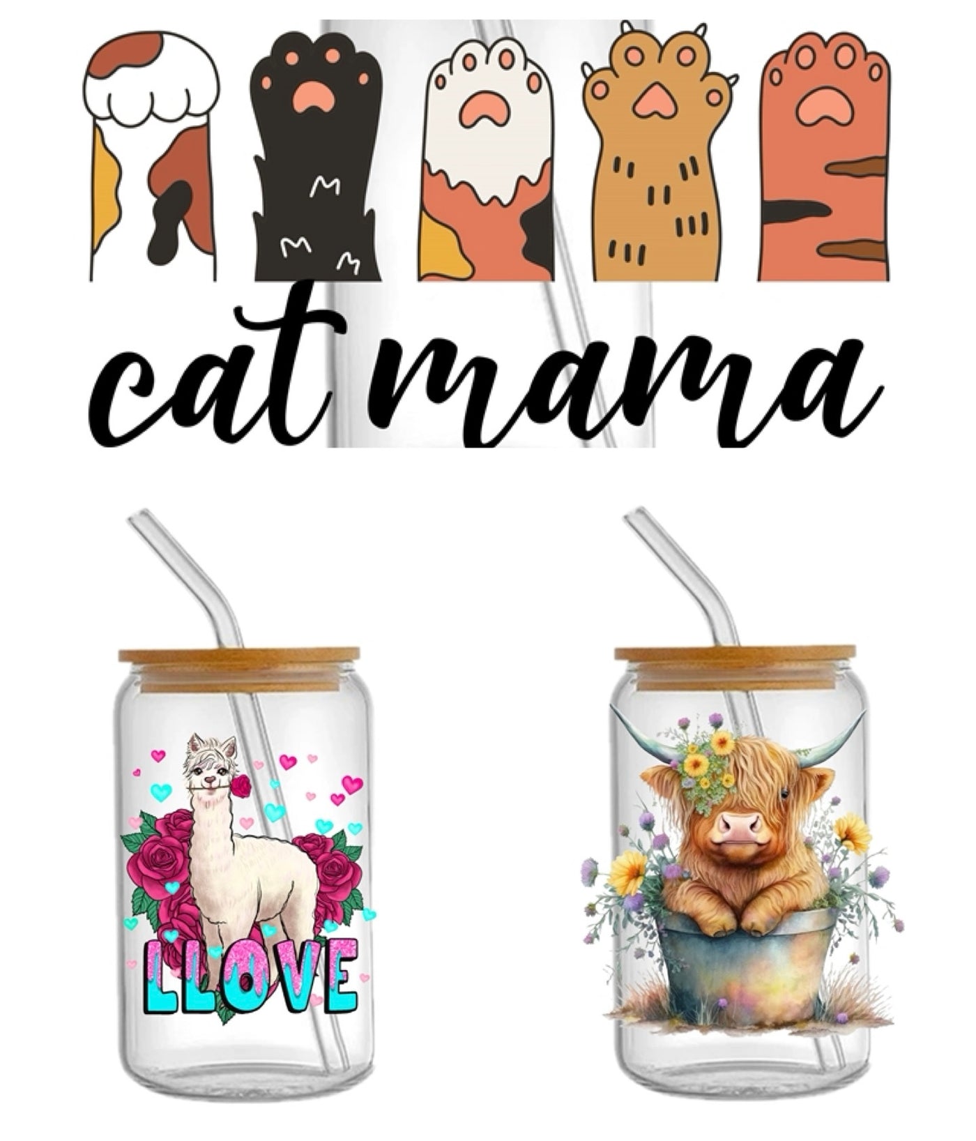 Cow Llama  and Cat UV DTF Glass Can Wrap for 16 oz Libbey Glass, Permanent and Ready to Apply, UV dtf Cup Wrap ready to ship, Glass Can Wrap