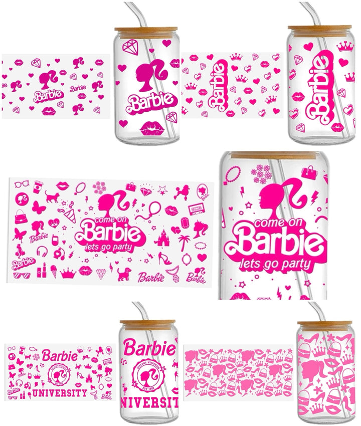 Barbie  UV DTF Glass Can Wrap for 16 oz Libbey Glass, Permanent and Ready to Apply, UV dtf Cup Wrap ready to ship, Glass Can Wrap