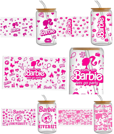 Barbie  UV DTF Glass Can Wrap for 16 oz Libbey Glass, Permanent and Ready to Apply, UV dtf Cup Wrap ready to ship, Glass Can Wrap