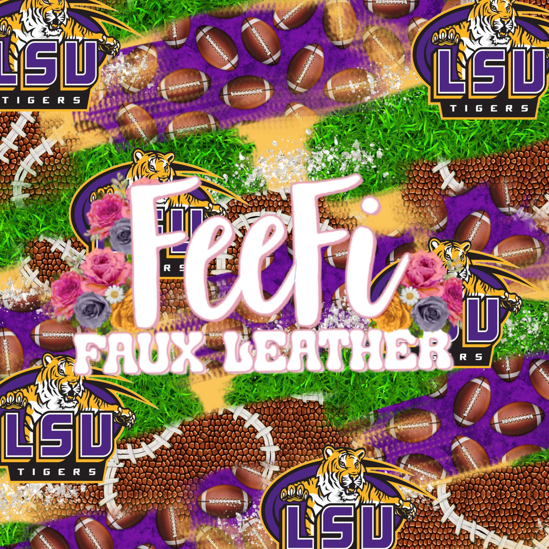 LSU Football Printed Faux Leather Sheet Litchi has a pebble like feel with bright colors