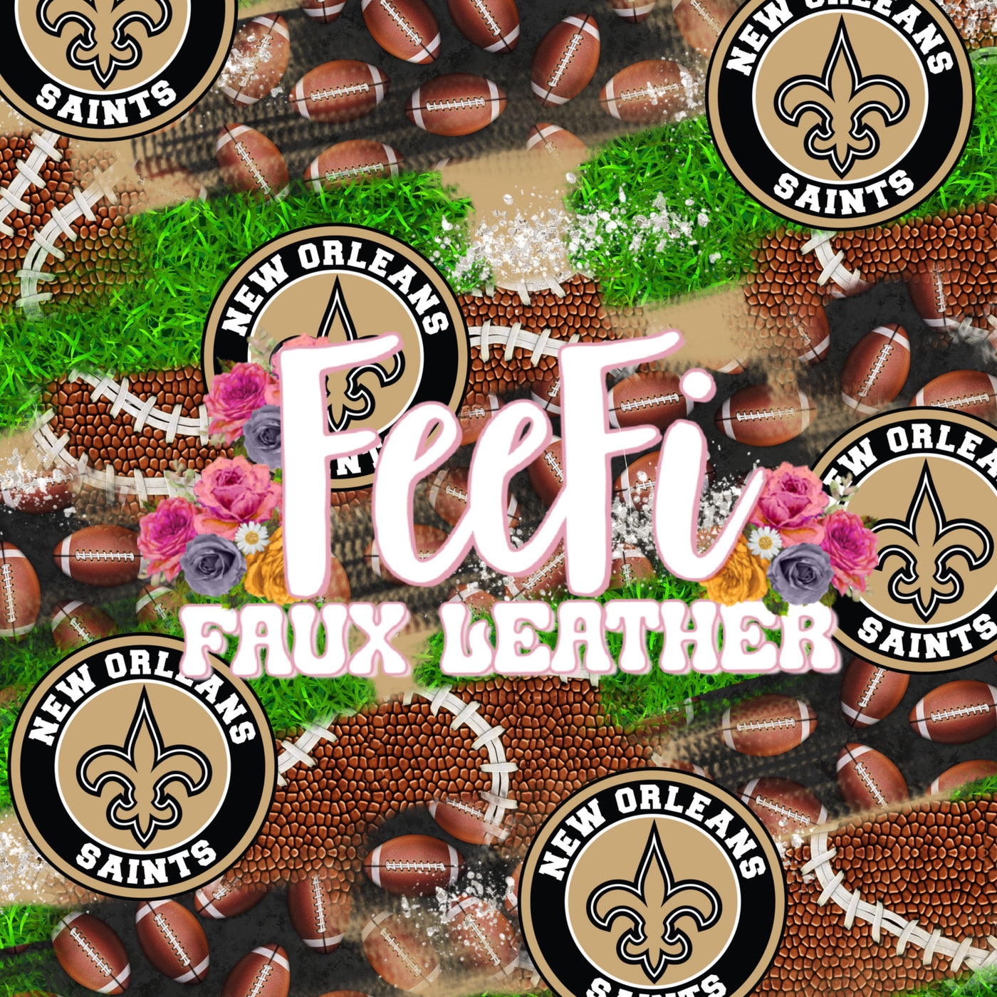The Saints Football Printed Faux Leather Sheet Litchi has a pebble like feel with bright colors