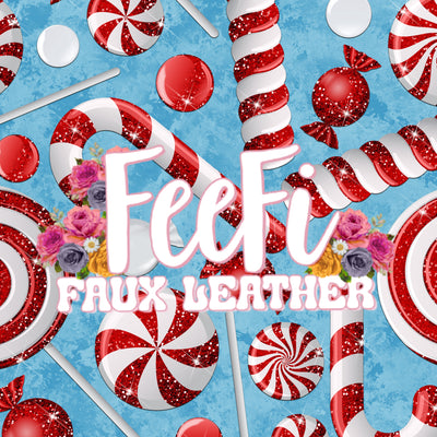 Candy Canes Christmas Litchi Printed Faux Leather Sheet Litchi has a pebble like feel with bright colors