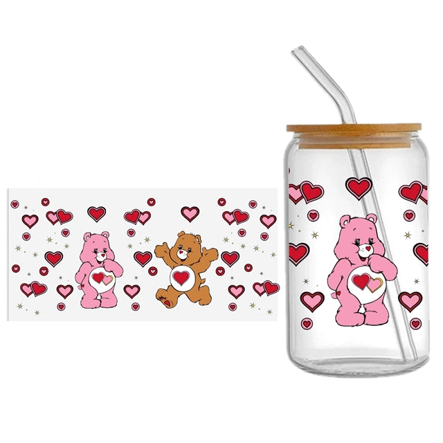 Carebears UV DTF Glass Can Wrap for 16 oz Libbey Glass, Permanent and Ready to Apply, UV dtf Cup Wrap ready to ship, Glass Can Wrap