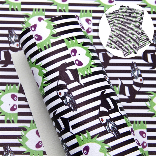 Beetlejuice Halloween Printed Faux Leather Sheet Litchi has a pebble like feel with bright colors