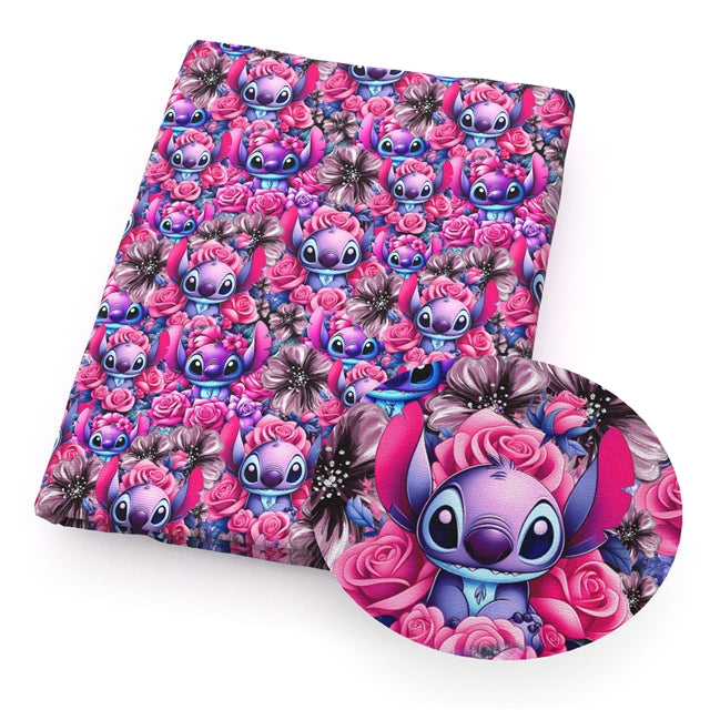 Stitch Flowers Roses Printed Faux Leather Sheet Litchi has a pebble like feel with bright colors