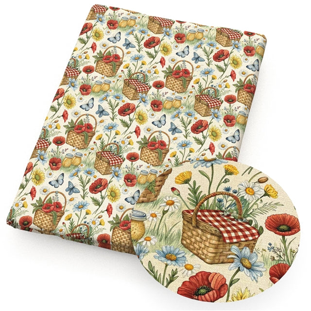 Flowers and Basket Picnic Printed Faux Leather Sheet