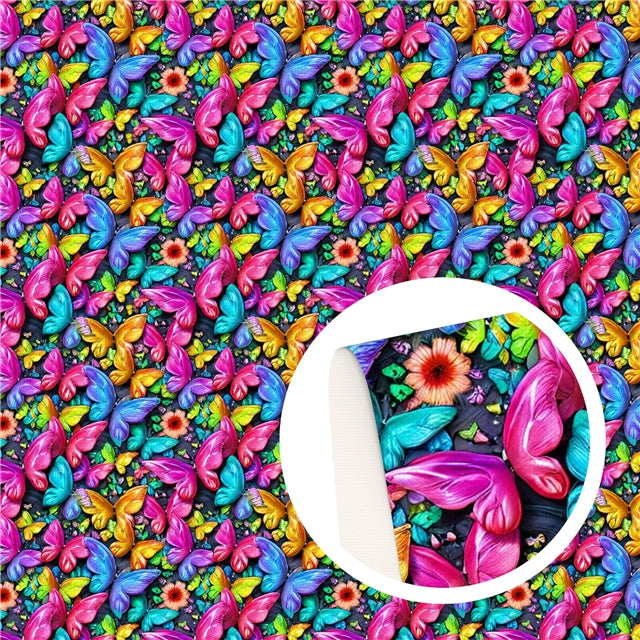 Butterflies and Flowers Smooth Printed Faux Leather Sheet