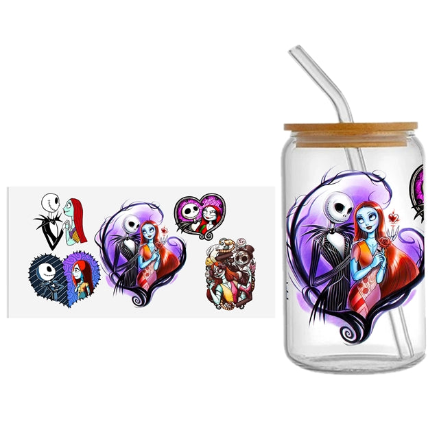 Nightmare Before Christmas UV DTF Glass Can Wrap for 16 oz Libbey Glass, Permanent and Ready to Apply, UV dtf Cup Wrap ready to ship, Glass Can Wrap