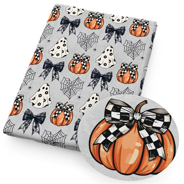 Fall Pumpkin Halloween Printed Faux Leather Sheet Litchi has a pebble like feel with bright colors