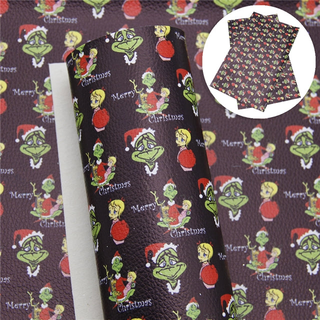 Dr Seuss The Grinch Litchi Printed Faux Leather Sheet Litchi has a pebble like feel with bright colors