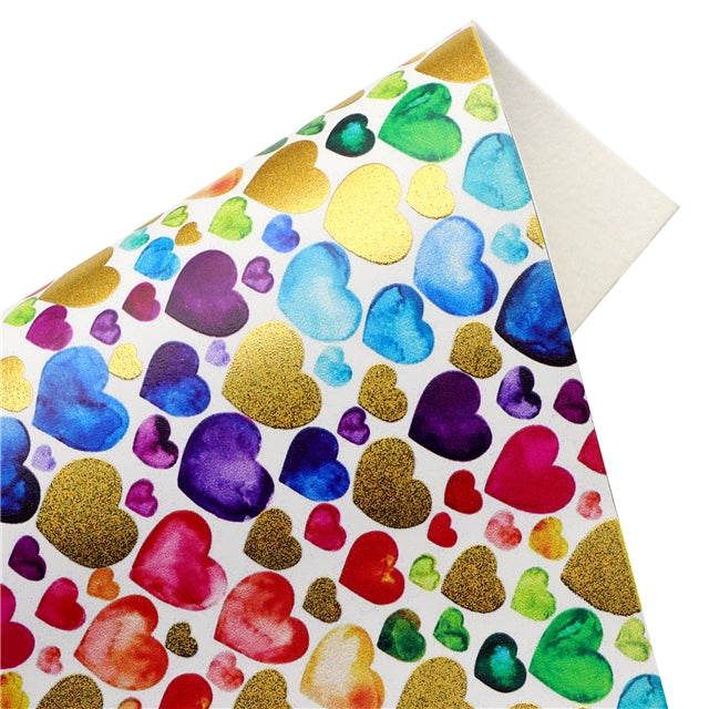 Rainbow Hearts Print Gold Foil Faux Leather Sheet