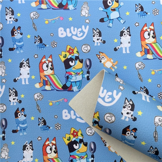 Blue Dog Printed Faux Leather Sheet Litchi has a pebble like feel with bright colors