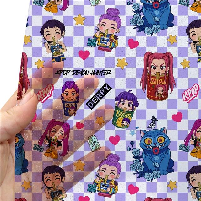 K-Pop Huntrix Fine Glitter Faux Leather Sheet – Cartoon Character Smooth Material for DIY Accessories FeeFiFauxLeather