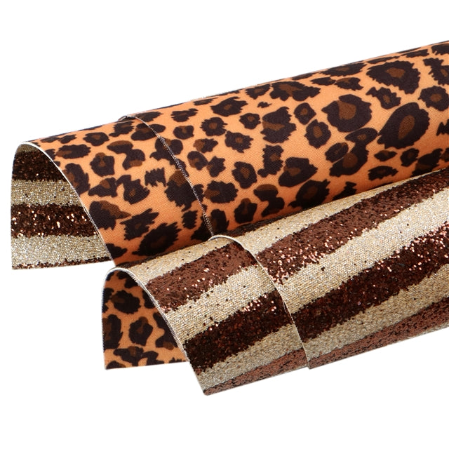 Leopard Fabric Brown Glitter Double Sided Pattern Faux Leather Sheet