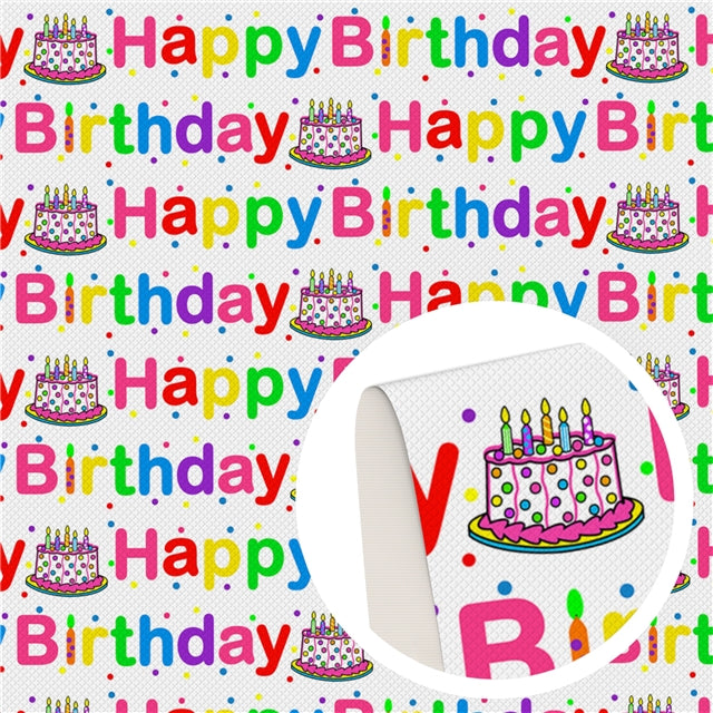 Happy Birthday Printed Faux Leather Sheet Litchi has a pebble like feel with bright colors