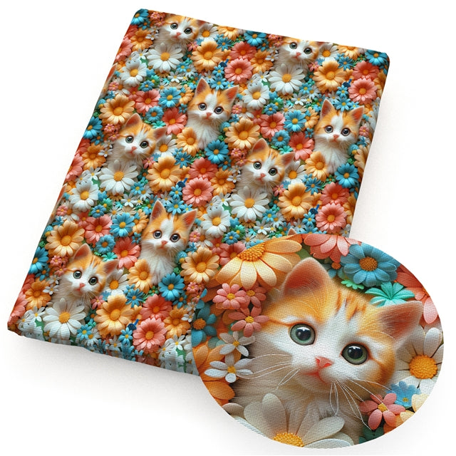 Cat and Flowers Printed Faux Leather Sheet Litchi has a pebble like feel with bright colors