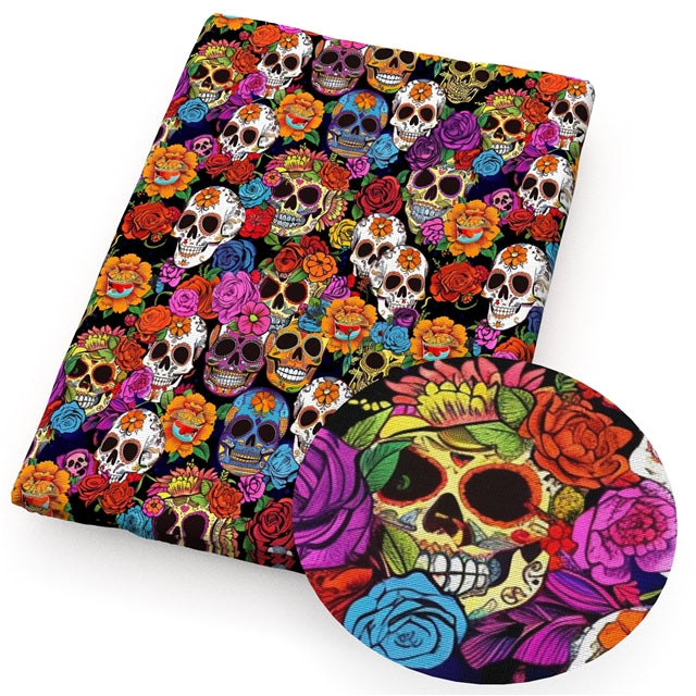 Colorful Skulls Printed Faux Leather Sheet Litchi has a pebble like feel with bright colors