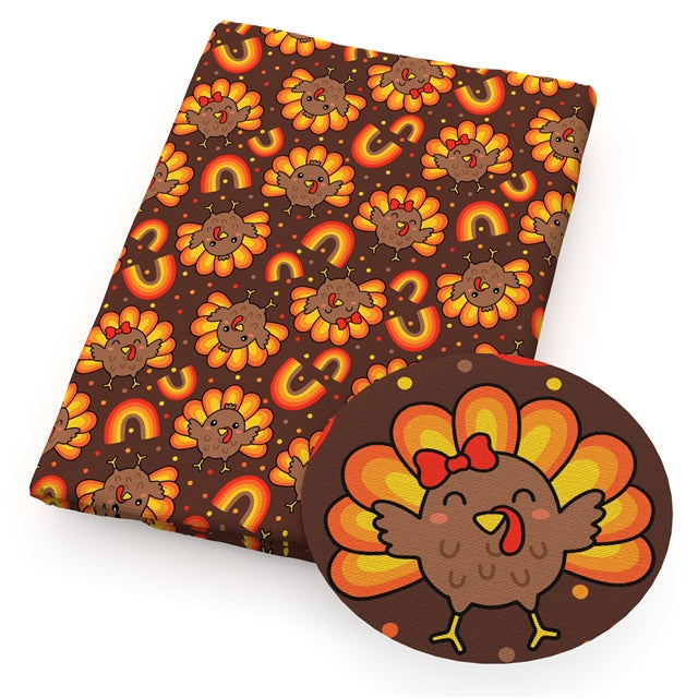 Thanksgiving Turkey Litchi Printed Faux Leather Sheet Litchi has a pebble like feel with bright colors