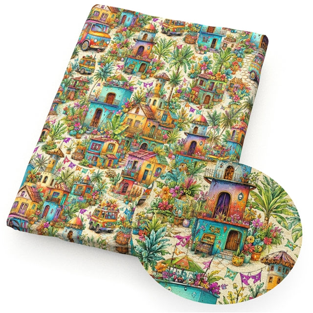 Tropical Village Printed Faux Leather Sheet FeeFiFauxLeather
