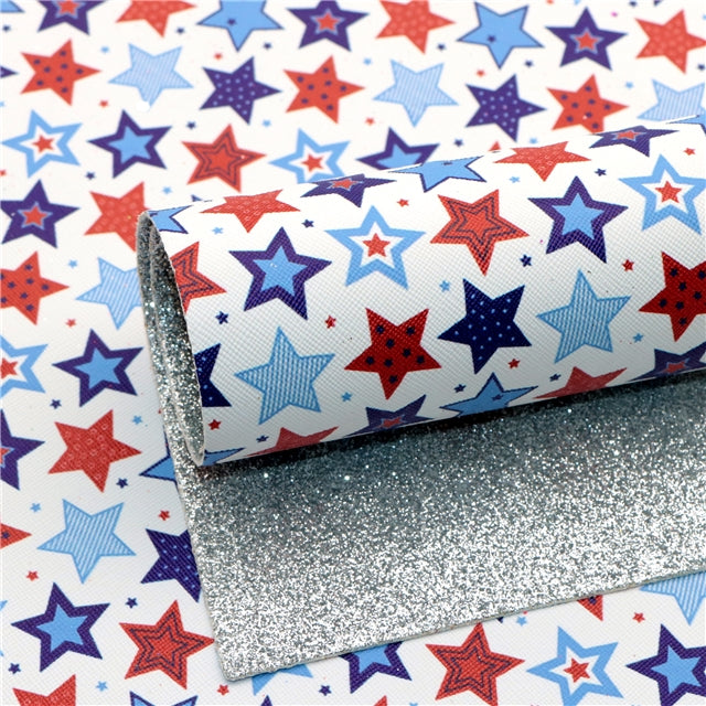 Red White and Blue Stars Glitter Double Pattern Faux Leather Sheet FeeFiFauxLeather