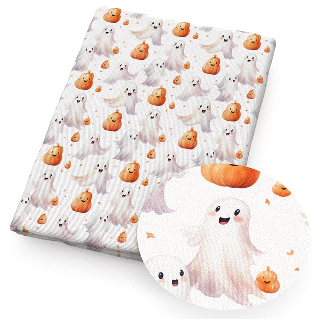 Ghost Halloween Printed Faux Leather Sheet Litchi has a pebble like feel with bright colors