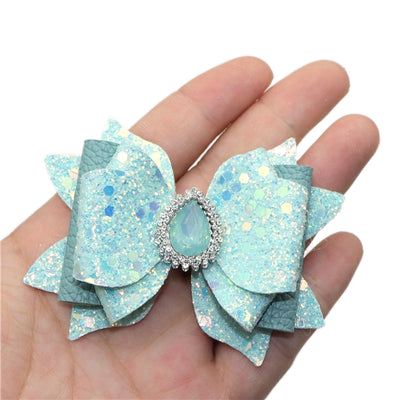 Mint Green bow with Rhinestone  Centerpiece Printed Faux Leather Pre-Cut Bow