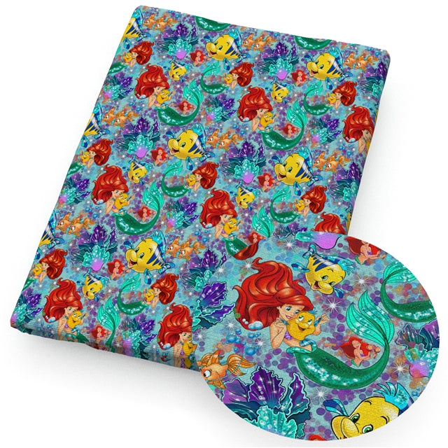 Ariel Little Mermaid Printed Faux Leather Sheet Litchi has a pebble like feel with bright colors